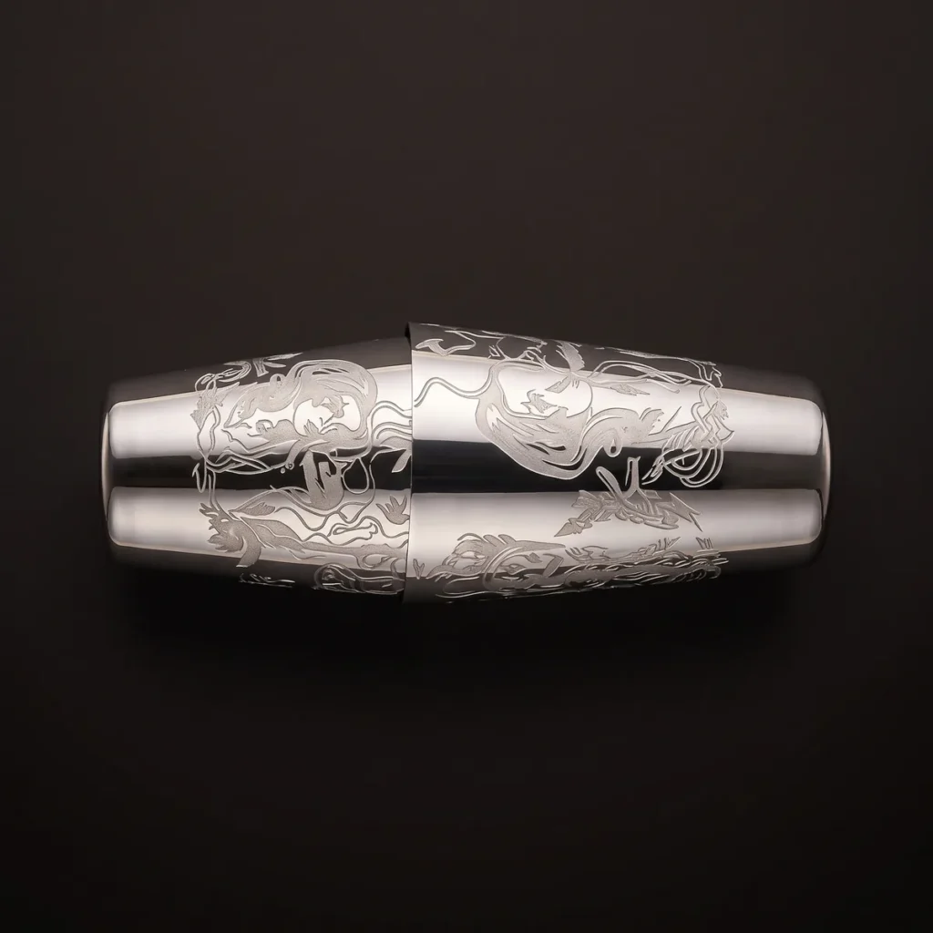 Engraved Boston shaker, Viking queen pattern, top view
