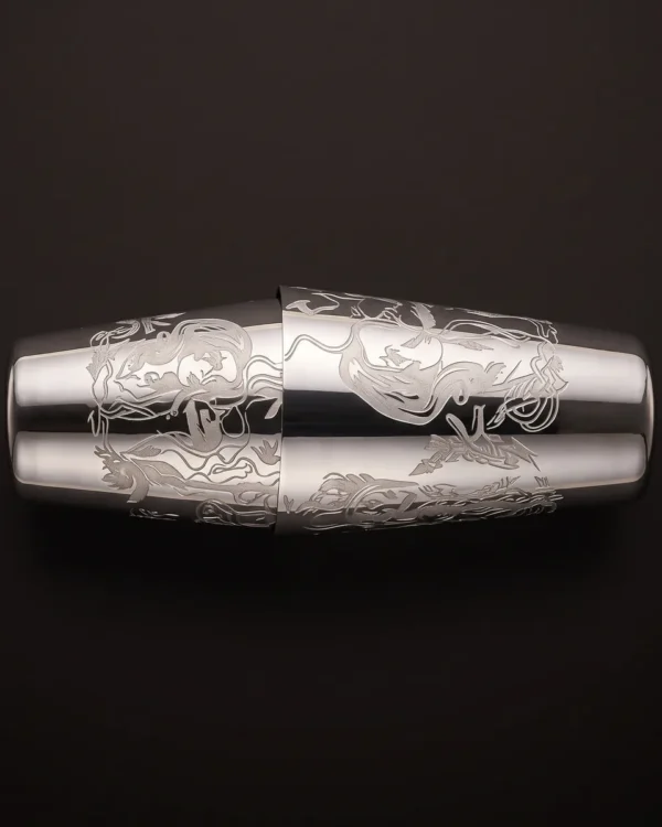 Engraved Boston shaker, Viking queen pattern, top view