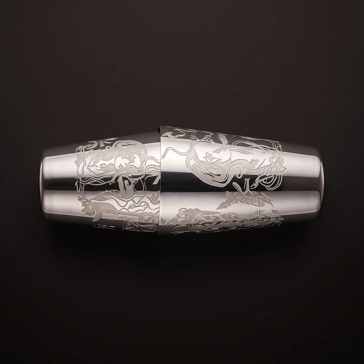 Engraved Boston shaker, Viking queen pattern, top view