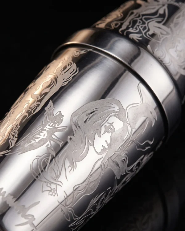 Engraved Boston shaker, Viking queen pattern, three-quarter view