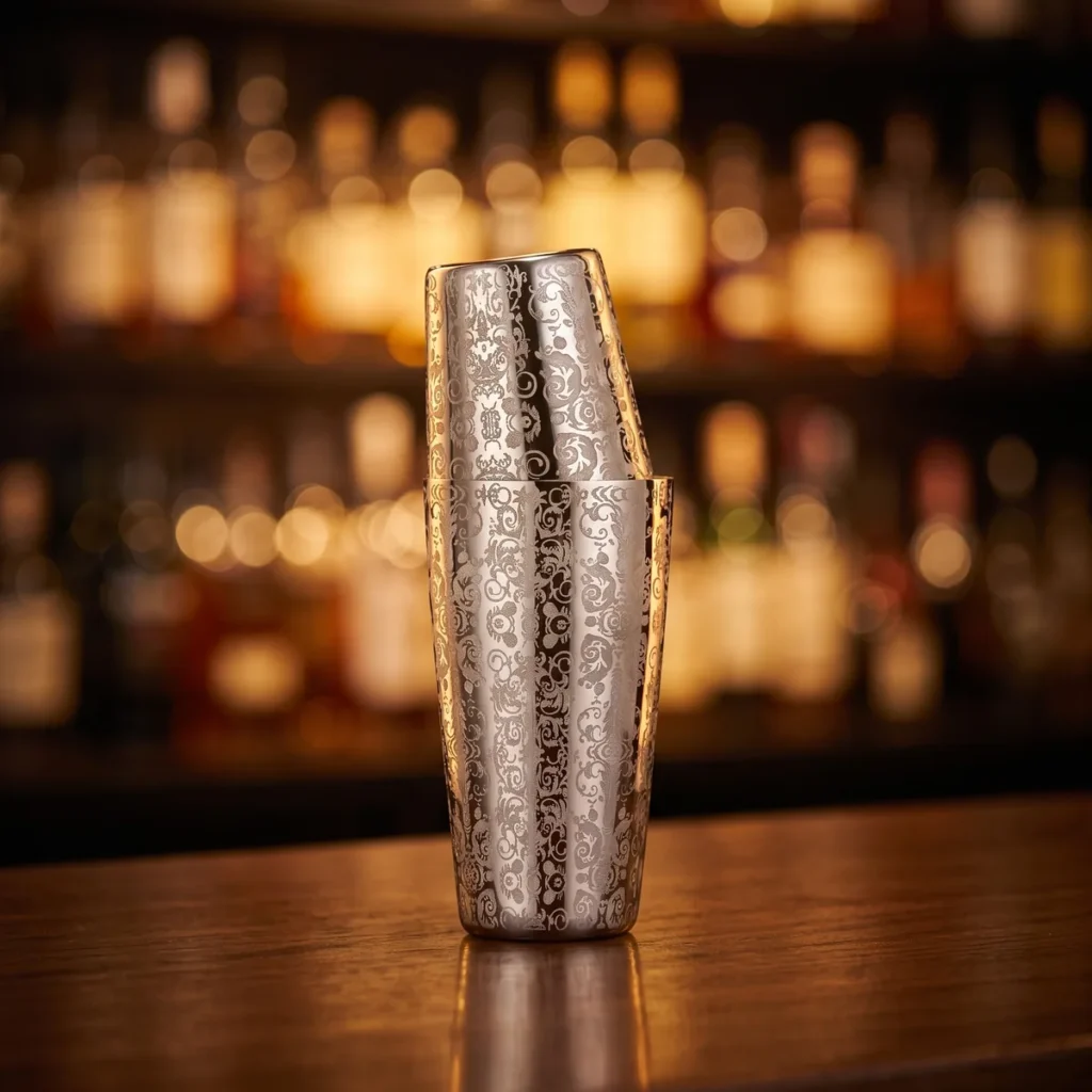 Engraved Boston shaker, Royalty pattern, on a bar counter