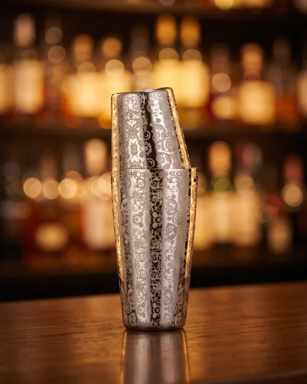 Engraved Boston shaker, Royalty pattern, on a bar counter
