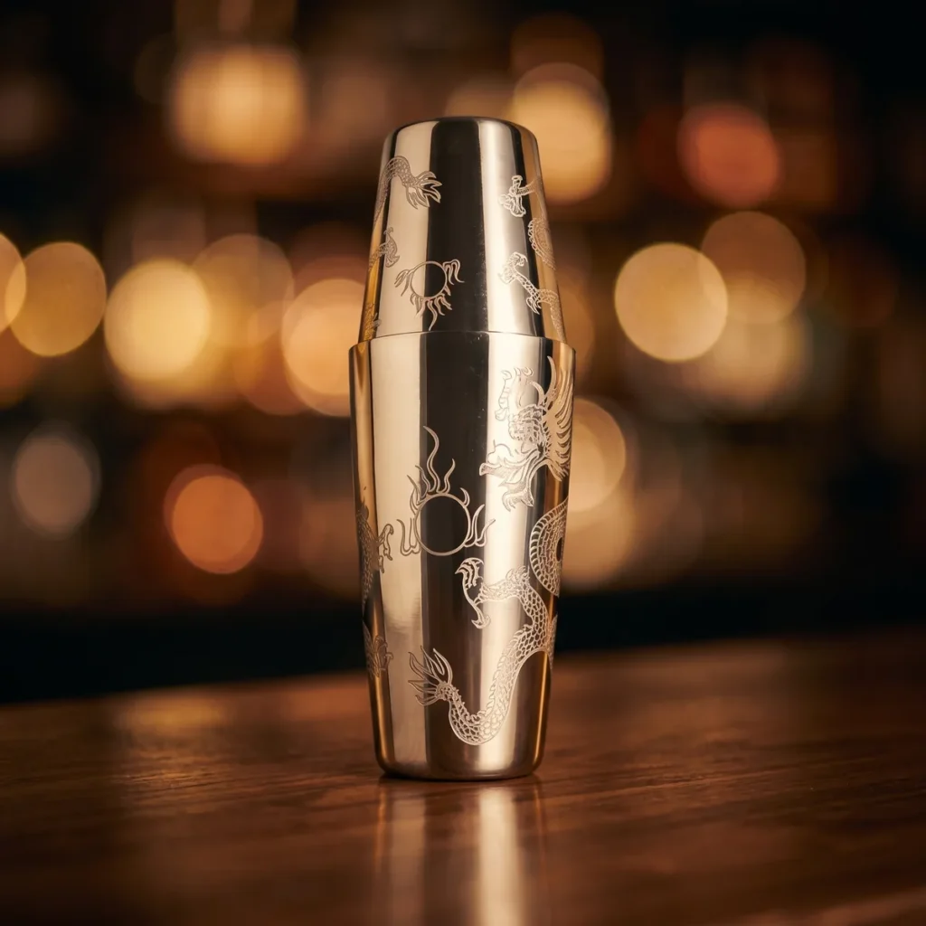 Finely engraved Boston shaker, dragon pattern, on a bar counter