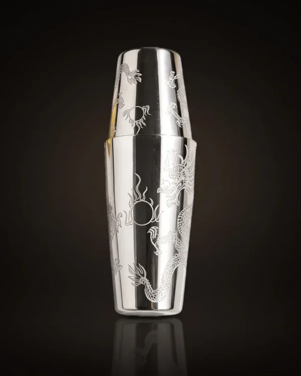 Finely engraved Boston shaker, dragon pattern, front view