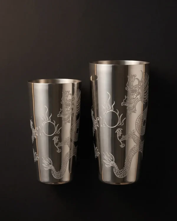 Finely engraved Boston shaker, dragon pattern, top view