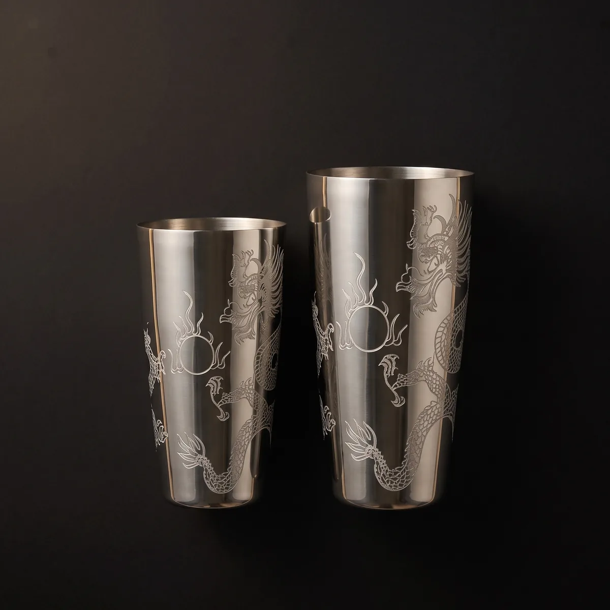 Finely engraved Boston shaker, dragon pattern, top view