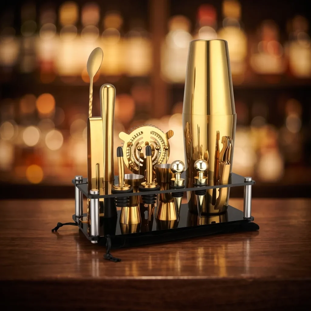 Gold Boston cocktail set with display stand, on a bar counter