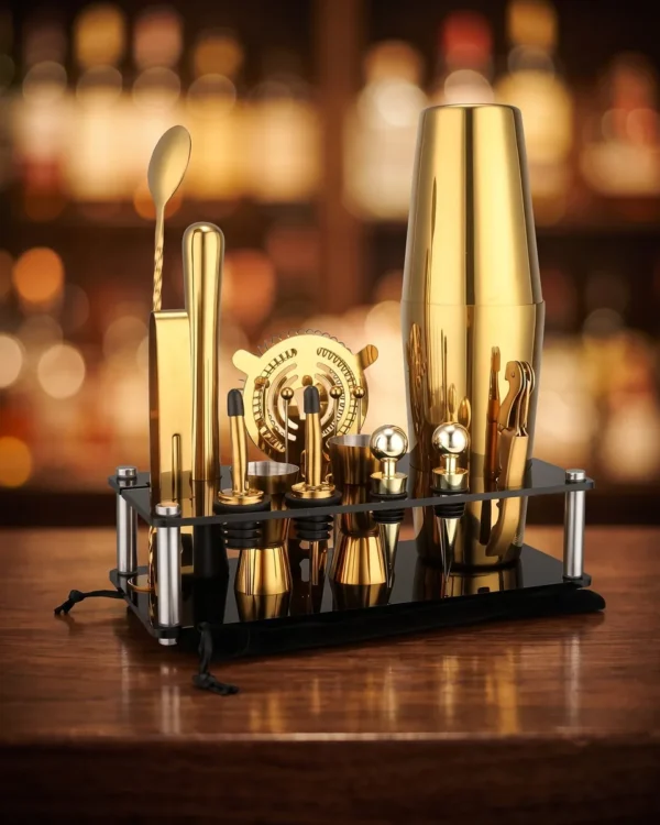 Gold Boston cocktail set with display stand, on a bar counter