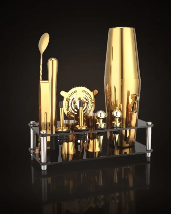 Gold Boston cocktail set with display stand, front view