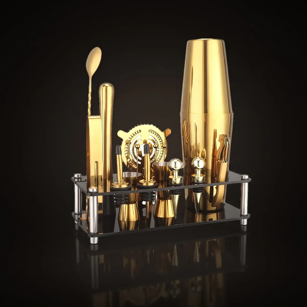 Gold Boston cocktail set with display stand, front view