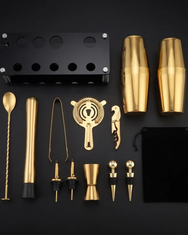 Gold Boston cocktail set with display stand, top view