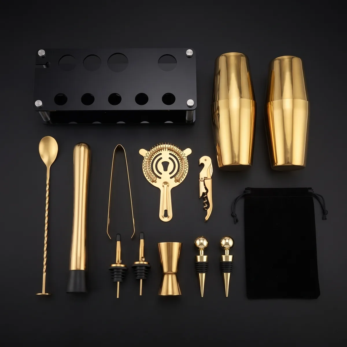 Gold Boston cocktail set with display stand, top view