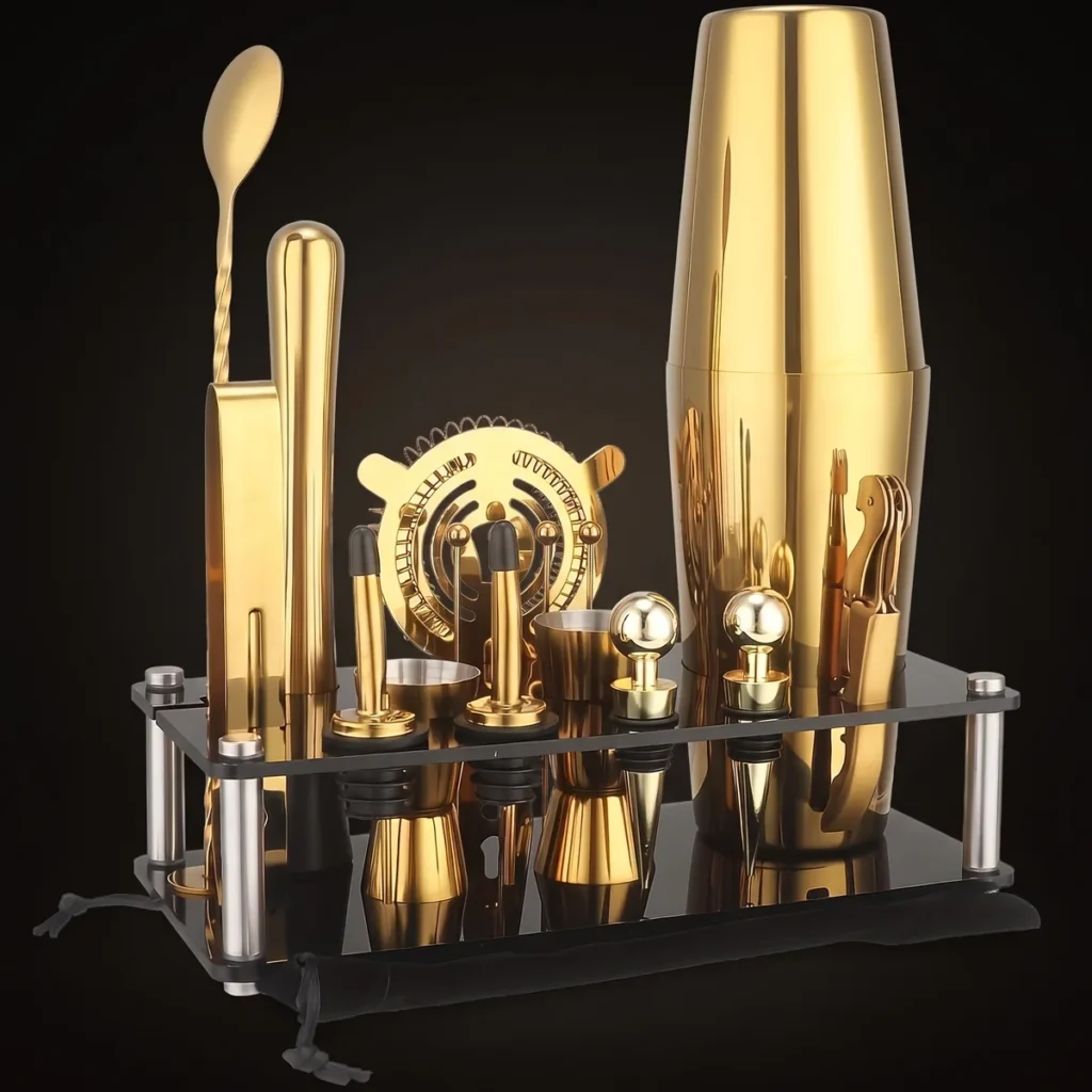 Gold Boston cocktail set with display stand, three-quarter view