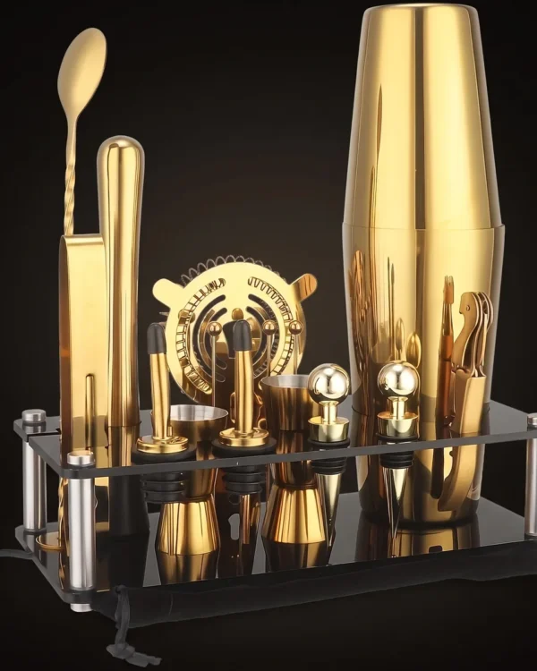 Gold Boston cocktail set with display stand, three-quarter view