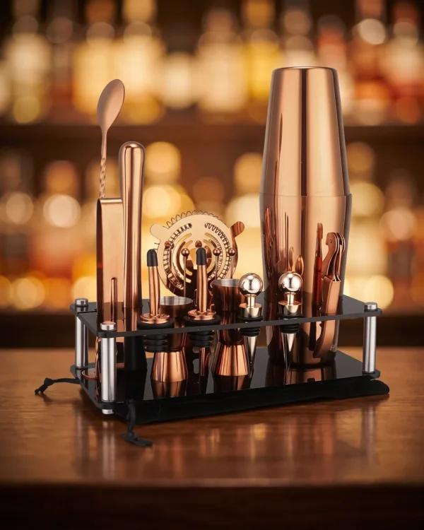 Rose gold Boston cocktail set with display stand, on a bar counter
