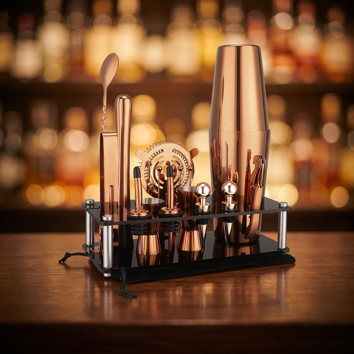 Rose gold Boston cocktail set with display stand, on a bar counter