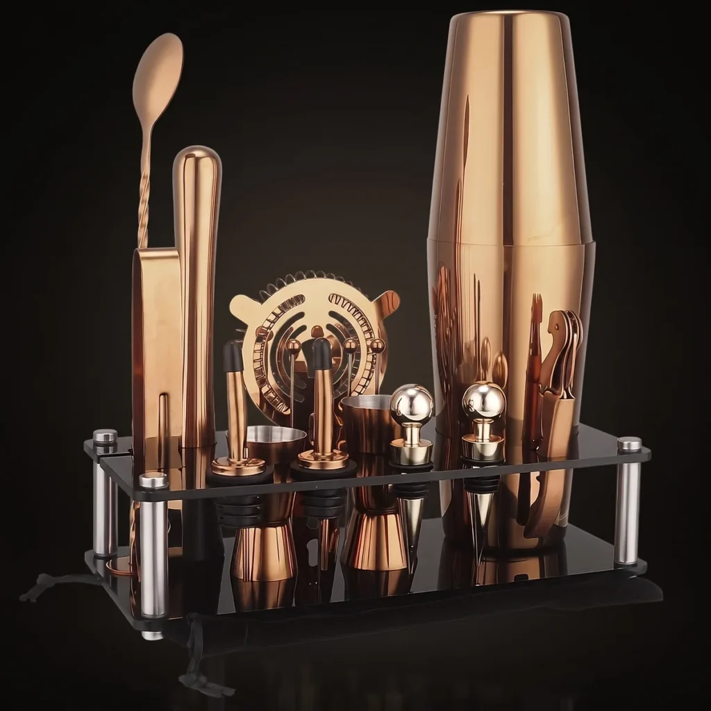 Rose gold Boston cocktail set with display stand, front view