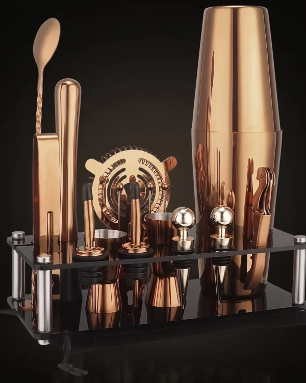Rose gold Boston cocktail set with display stand, front view