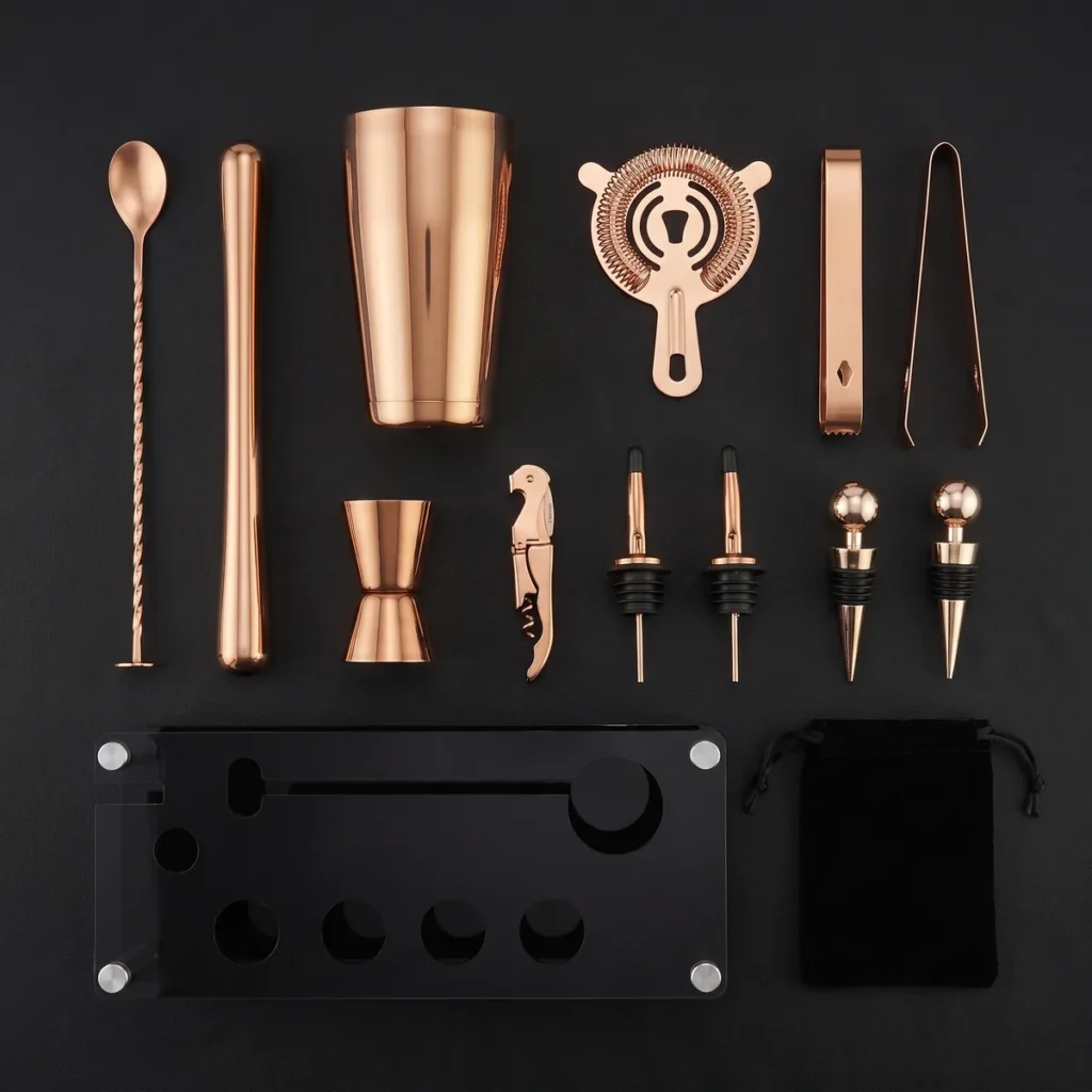 Rose gold Boston cocktail set with display stand, top view
