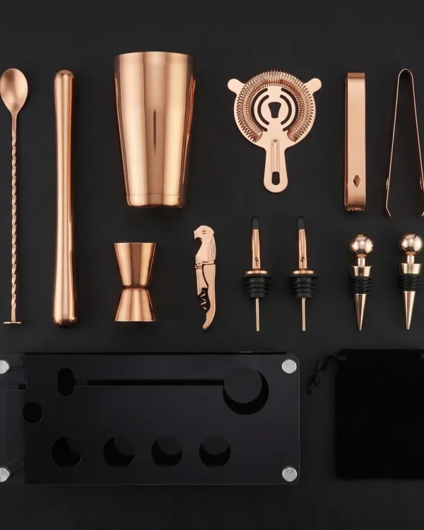 Rose gold Boston cocktail set with display stand, top view