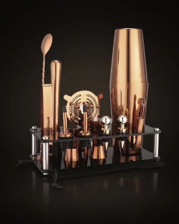 Rose gold Boston cocktail set with display stand, three-quarter view