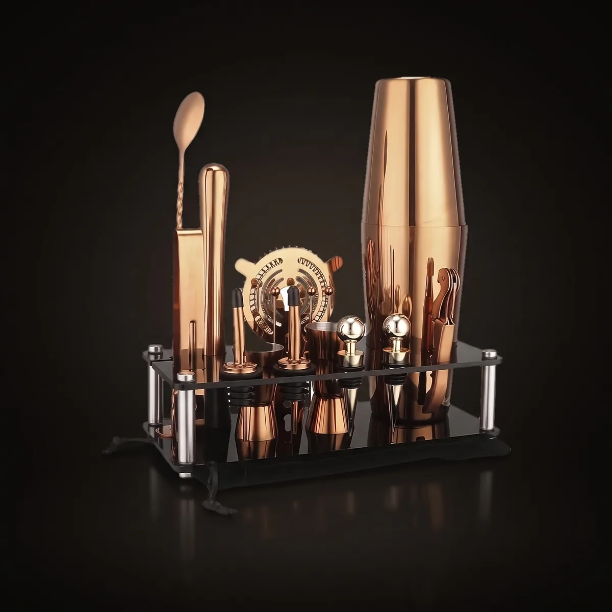 Rose gold Boston cocktail set with display stand, three-quarter view