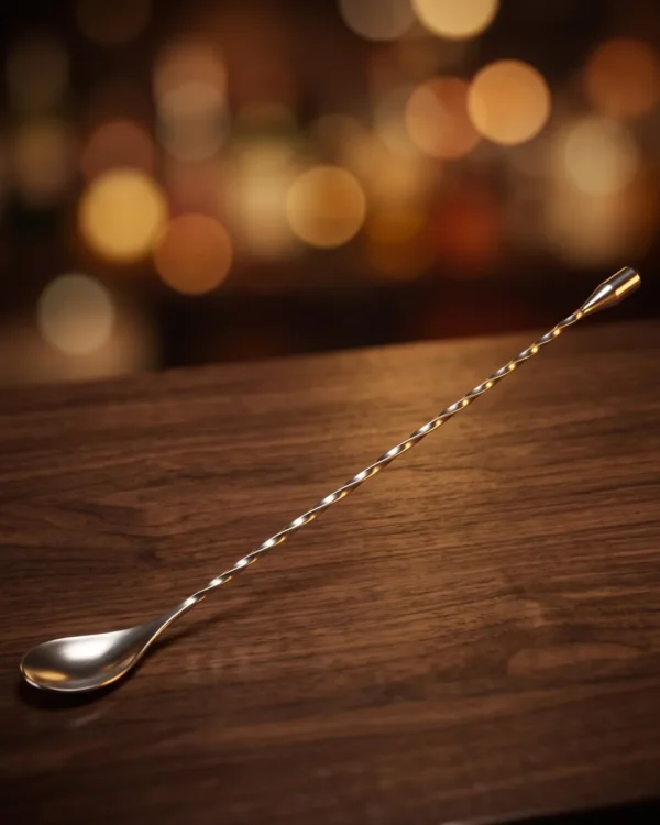 Twisted bar spoon 30 cm, silver, on a bar counter