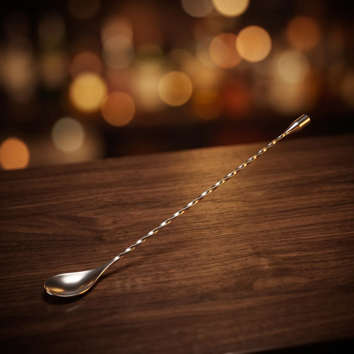 Twisted bar spoon 30 cm, silver, on a bar counter