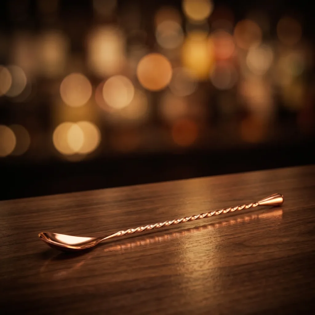 Twisted bar spoon 30 cm, rose gold, on a bar counter