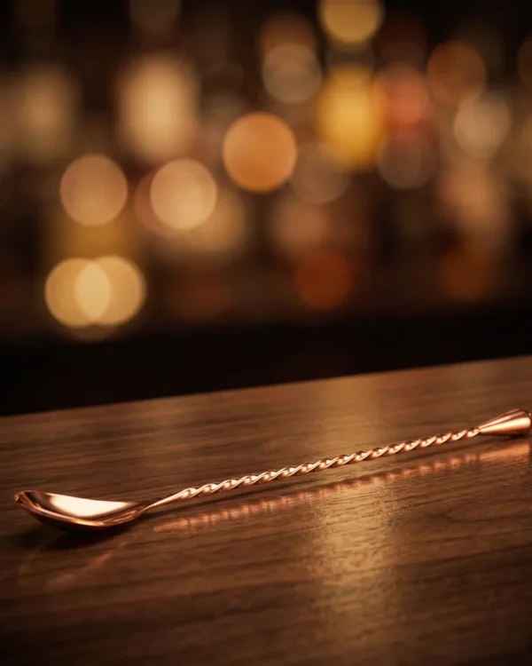 Twisted bar spoon 30 cm, rose gold, on a bar counter