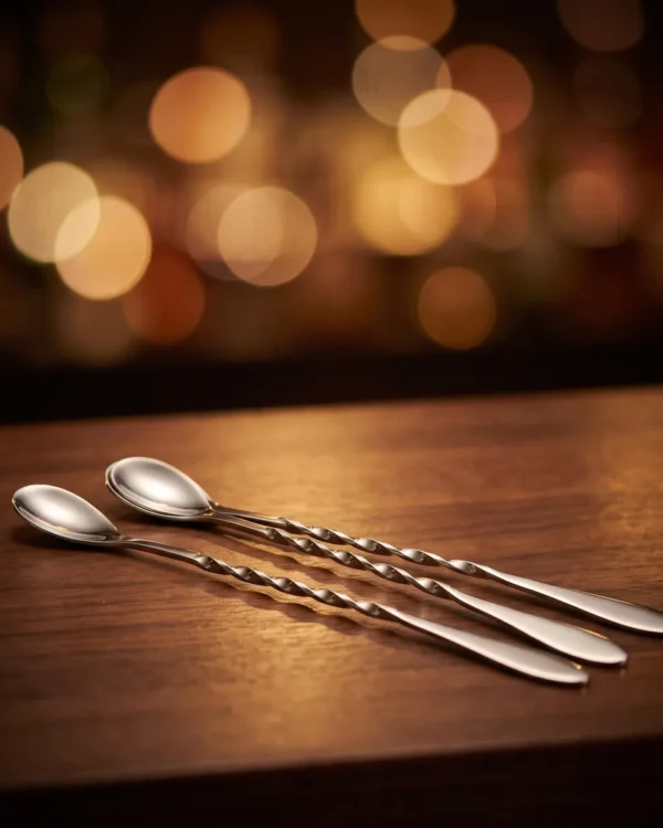 Twisted bar spoons 30 cm, set of 3, on a bar counter