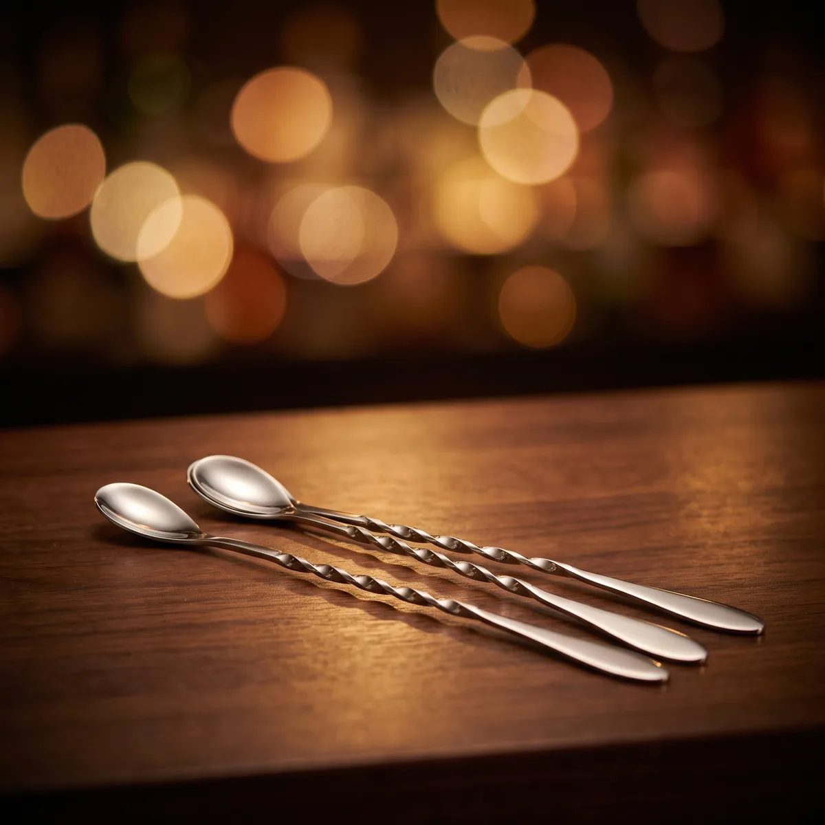 Twisted bar spoons 30 cm, set of 3, on a bar counter
