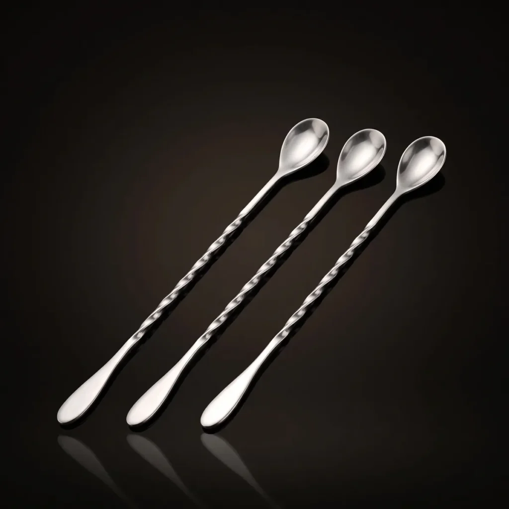 Twisted bar spoons 30 cm, set of 3, three-quarter view
