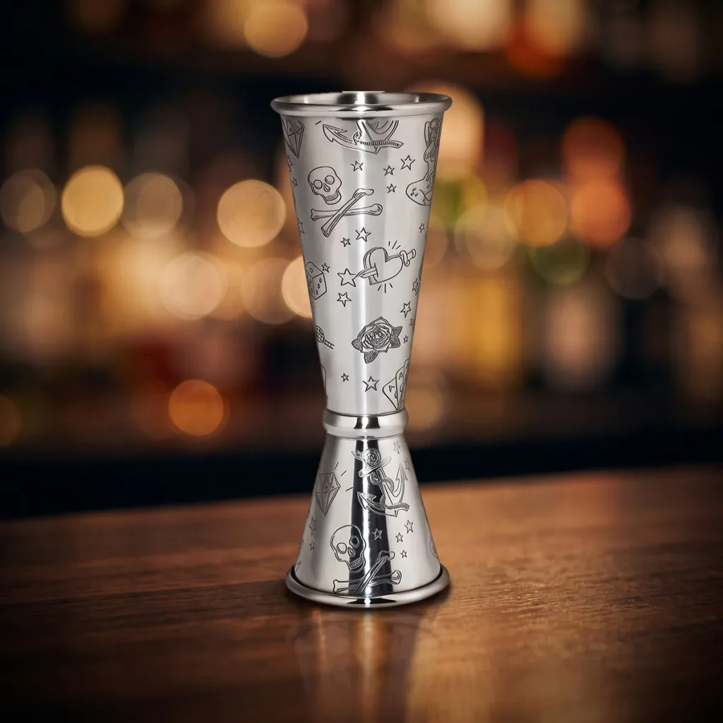 Engraved double jigger 30/60 ml, on a bar counter