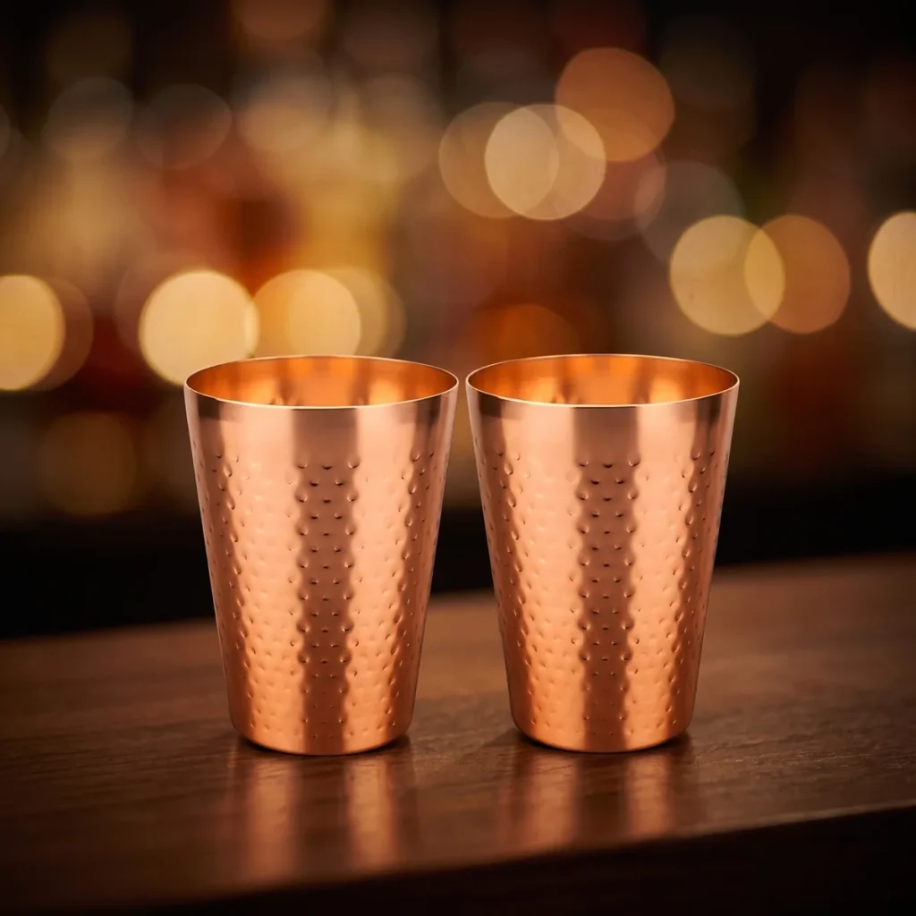 Hammered copper-colour tumblers 430 ml, set of 2, on a bar counter