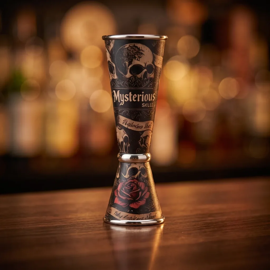 Jigger 30/60 ml, skull and red roses, on a bar counter
