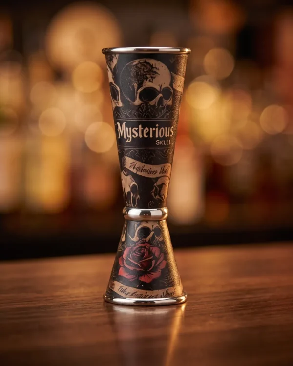 Jigger 30/60 ml, skull and red roses, on a bar counter