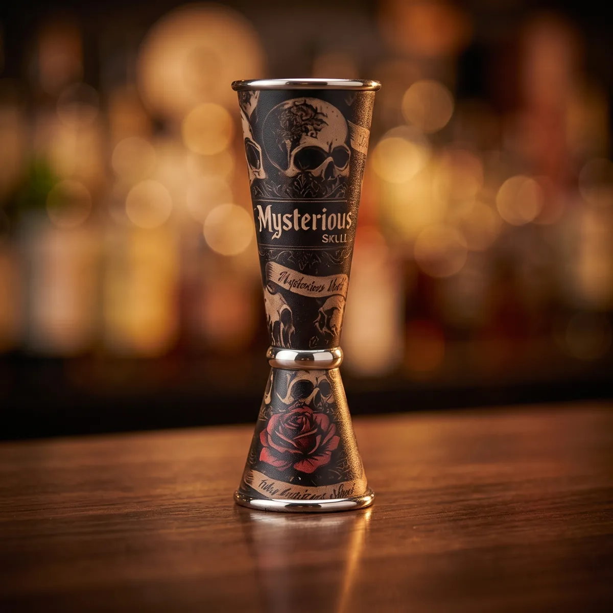 Jigger 30/60 ml, skull and red roses, on a bar counter