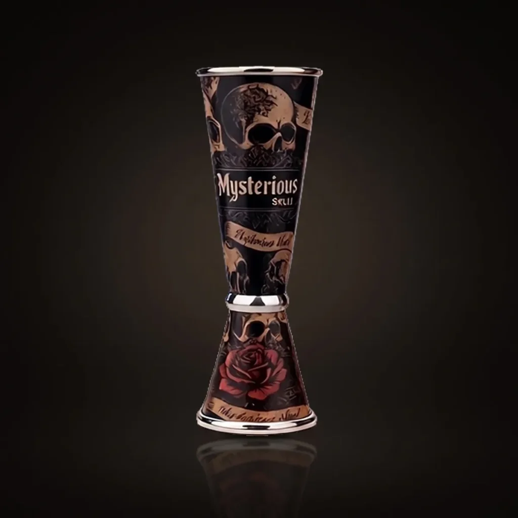 Jigger 30/60 ml, skull and red roses, front view