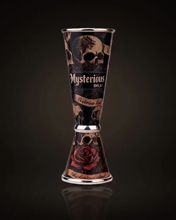 Jigger 30/60 ml, skull and red roses, front view