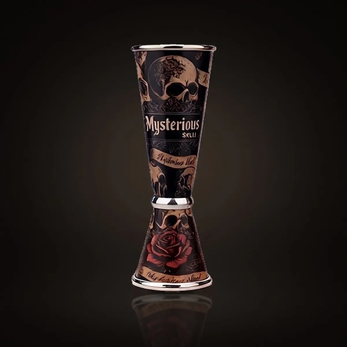 Jigger 30/60 ml, skull and red roses, front view