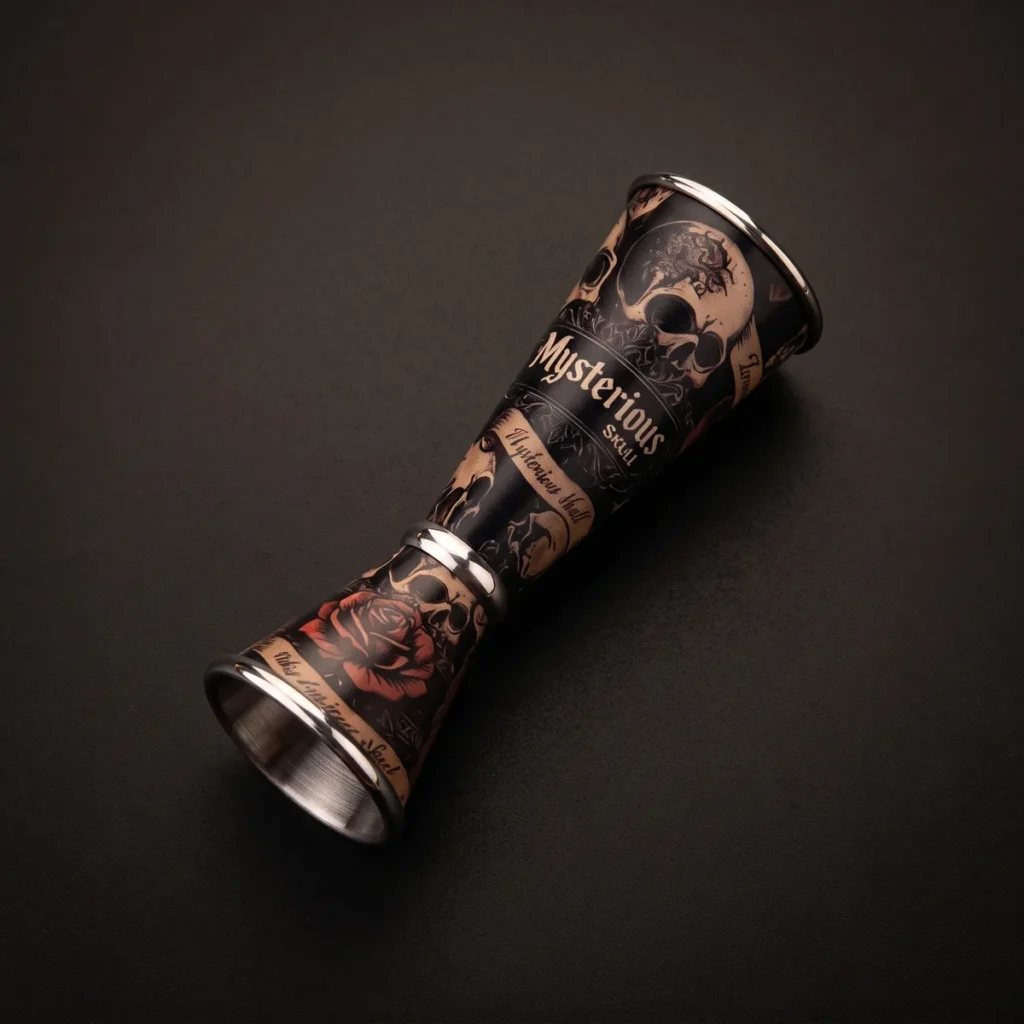 Jigger 30/60 ml, skull and red roses, top view