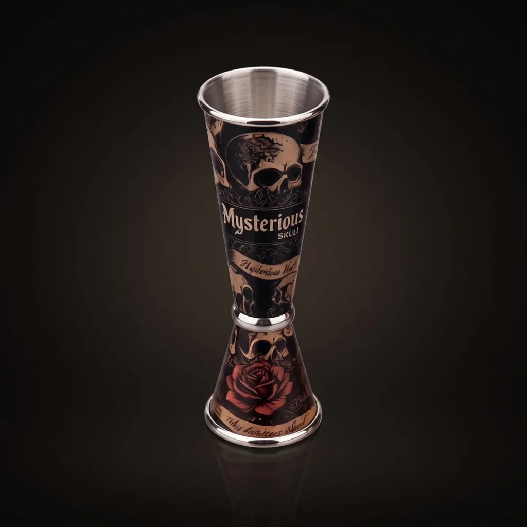 Jigger 30/60 ml, skull and red roses, three-quarter view
