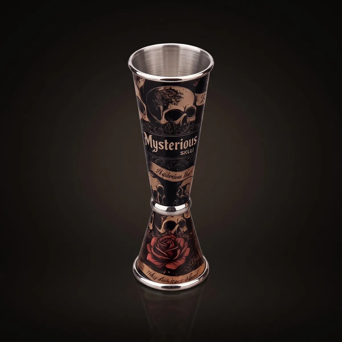 Jigger 30/60 ml, skull and red roses, three-quarter view
