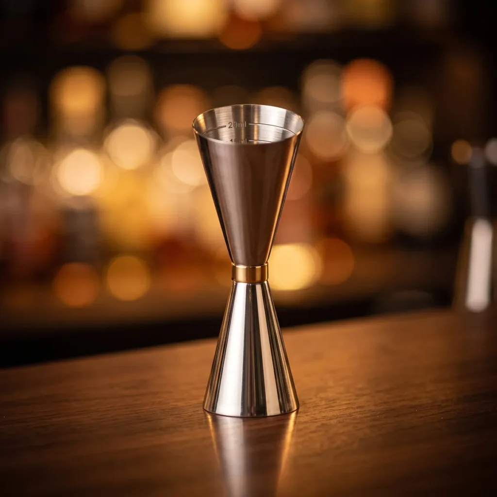 Jigger 30/60 ml stainless steel, gold ring, on a bar counter
