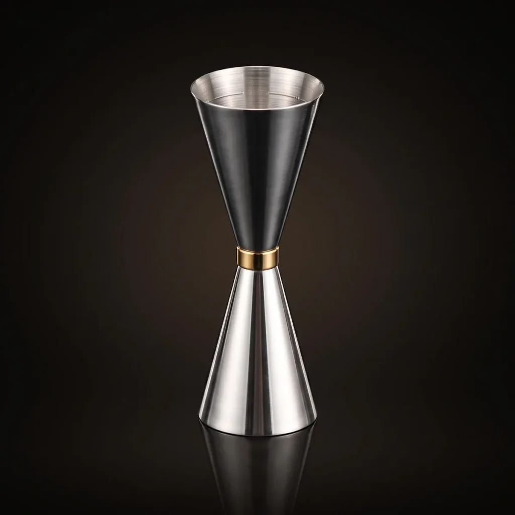 Jigger 30/60 ml stainless steel, gold ring, front view