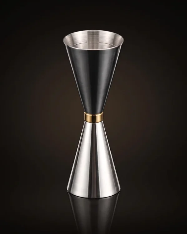 Jigger 30/60 ml stainless steel, gold ring, front view