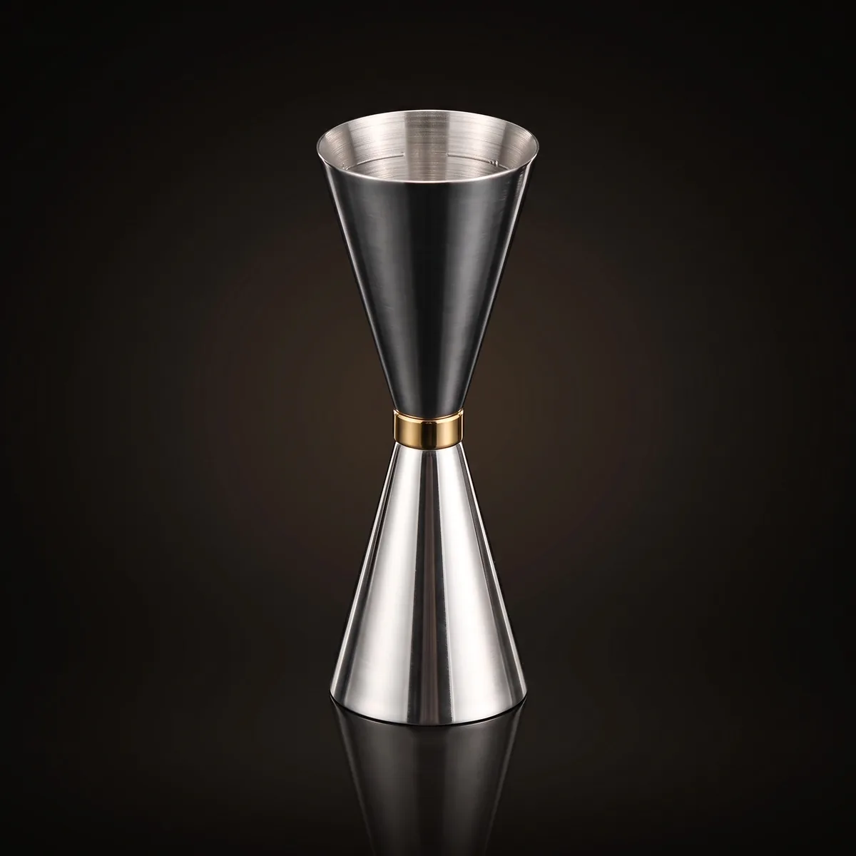 Jigger 30/60 ml stainless steel, gold ring, front view