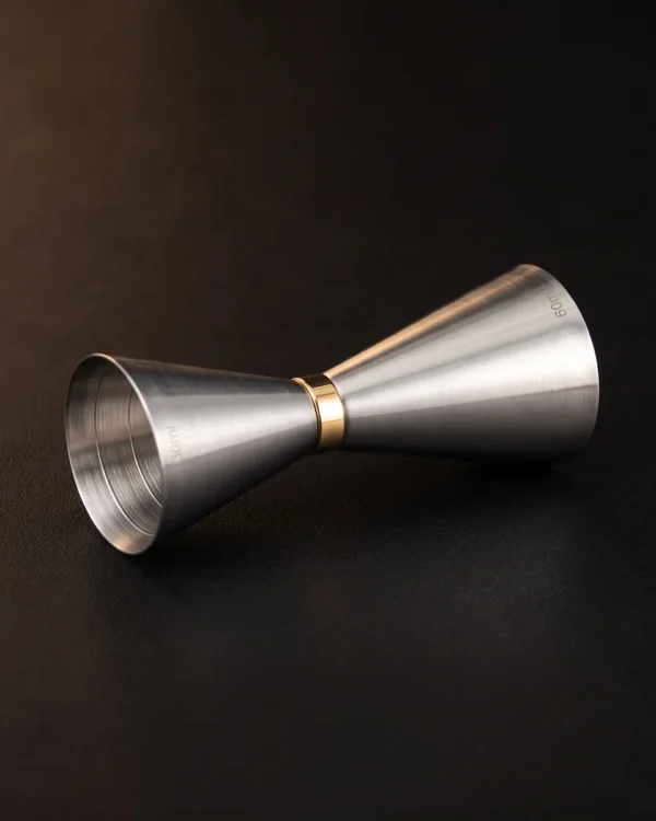 Jigger 30/60 ml stainless steel, gold ring, top view