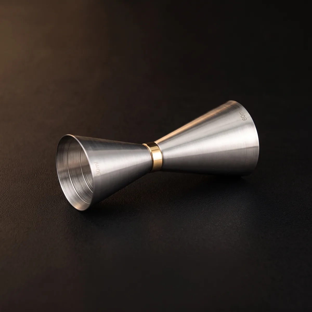Jigger 30/60 ml stainless steel, gold ring, top view